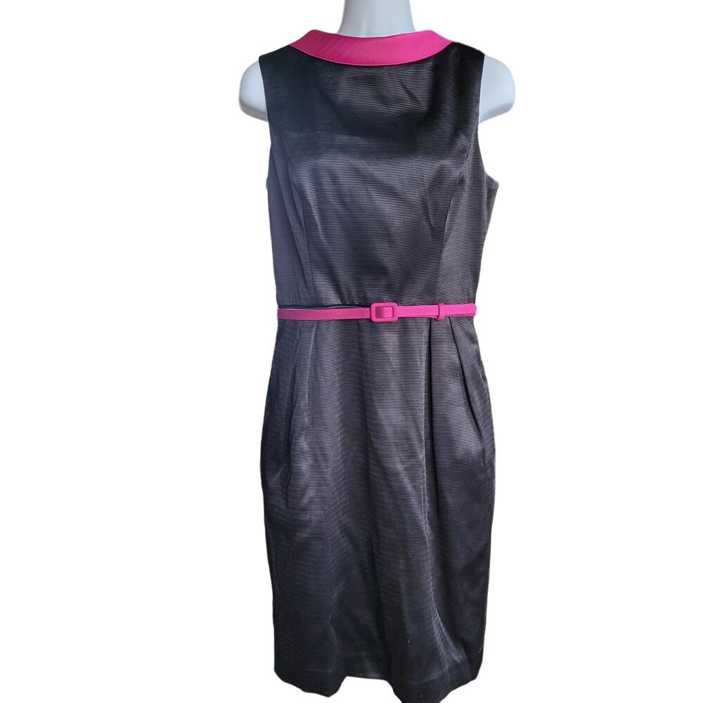 Maggy London Size 8 Black Hot Pink Belted Collared Backless Dress Bow Belt